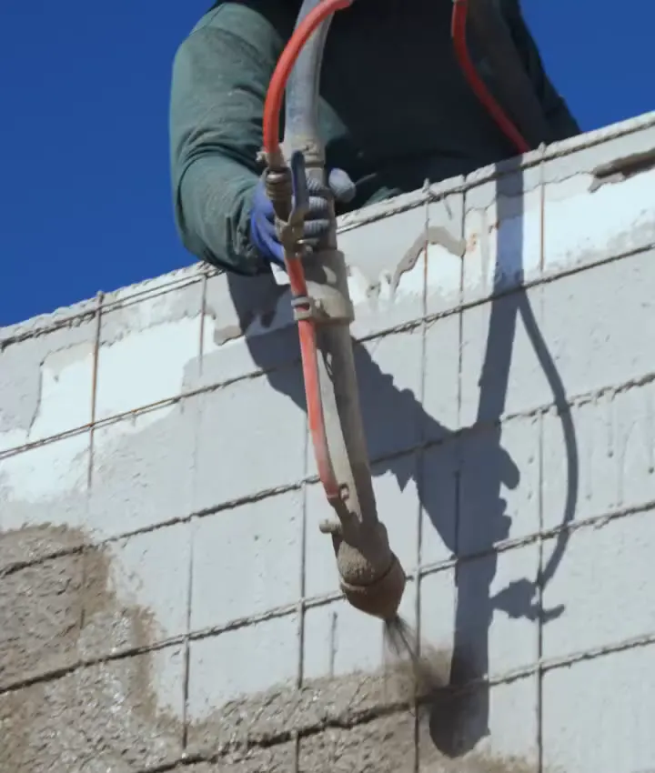 Chapisco sendo projetado na parede com a mangueira da máquina